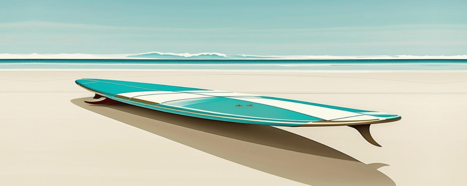 En turkis og hvid surfbræt ligger på en sandstrand med hav og bjerge i baggrunden under en klar himmel.