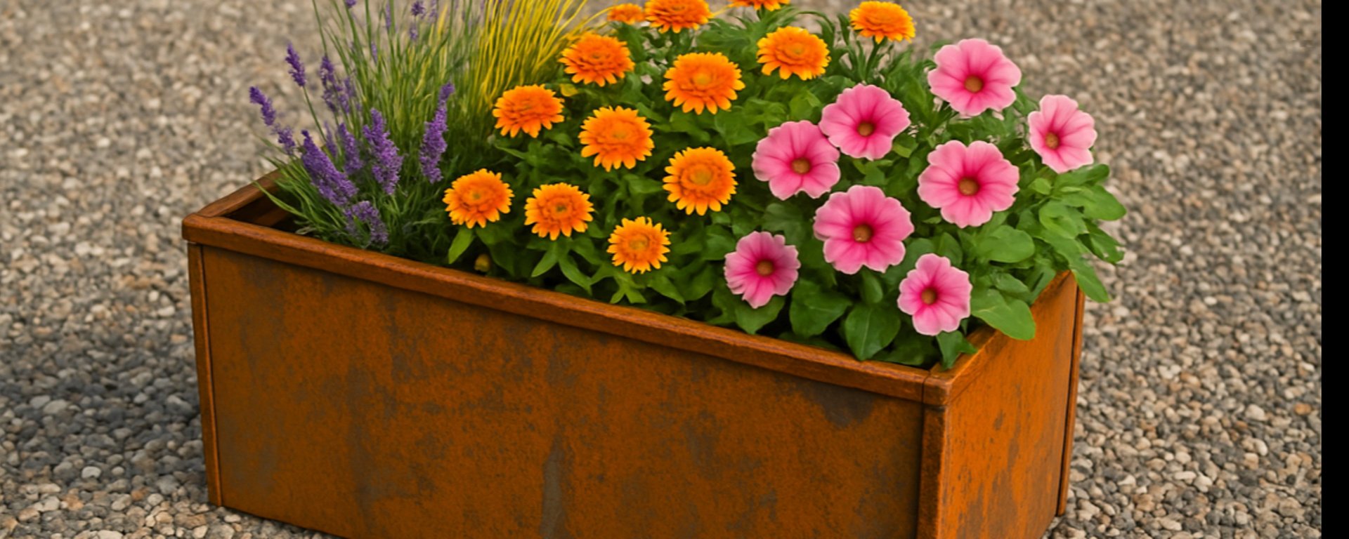 Blomster i farvet rustent metal plantekasse på grussti, med orange, lyserøde og lilla blomster.