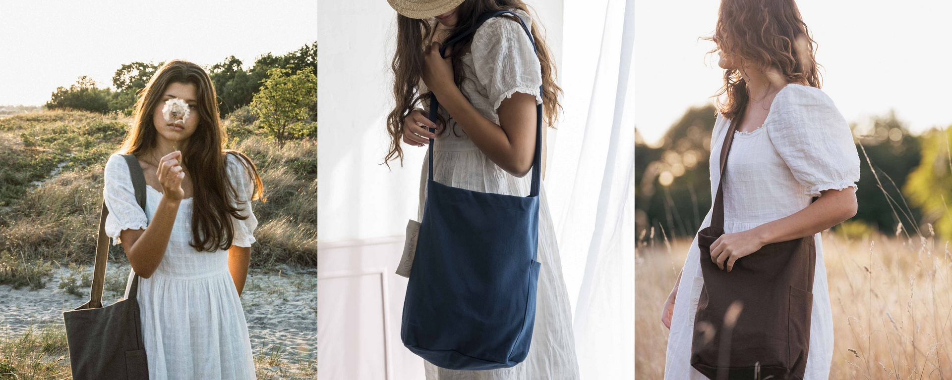 Tre billeder af kvinder i hvide kjoler, hver med en skuldertaske i forskellige farver, i naturlige omgivelser og indendørs.