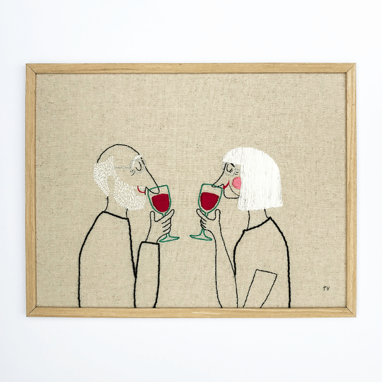 Rødvinsnæser – hvidt hår – broderi 30 x 40 cm