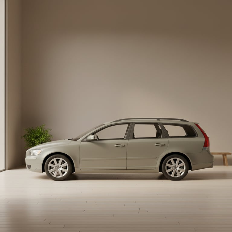 Grå stationcar parkeret i minimalistisk rum med lys trægulv, grøn plante og træbænk mod beige væg.