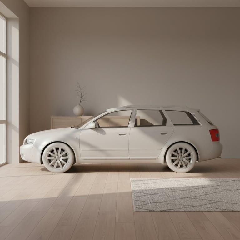 En hvid stationcar parkeret indendørs i et minimalistisk rum med lyst trægulv, et tæppe, og en kommode med en vase og en tørret gren.