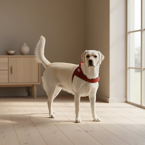 En lys Labrador retriever iført en rød sele står på et lyst trægulv i et rum med beige vægge og et vindue, der lukker naturligt lys ind. (1)