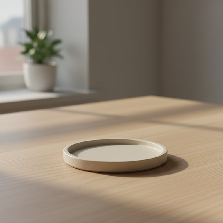Rund, flad, beige keramikfad på lyst træbord med blødt dagslys og en plante i en hvid potte ved vinduet i baggrunden.