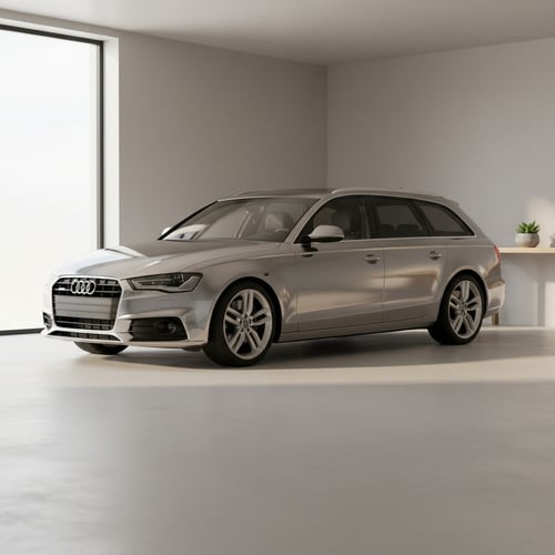 Sølvfarvet Audi stationcar parkeret i lyst, minimalistisk rum med stort vindue og lille bord med planter i baggrunden. (1)