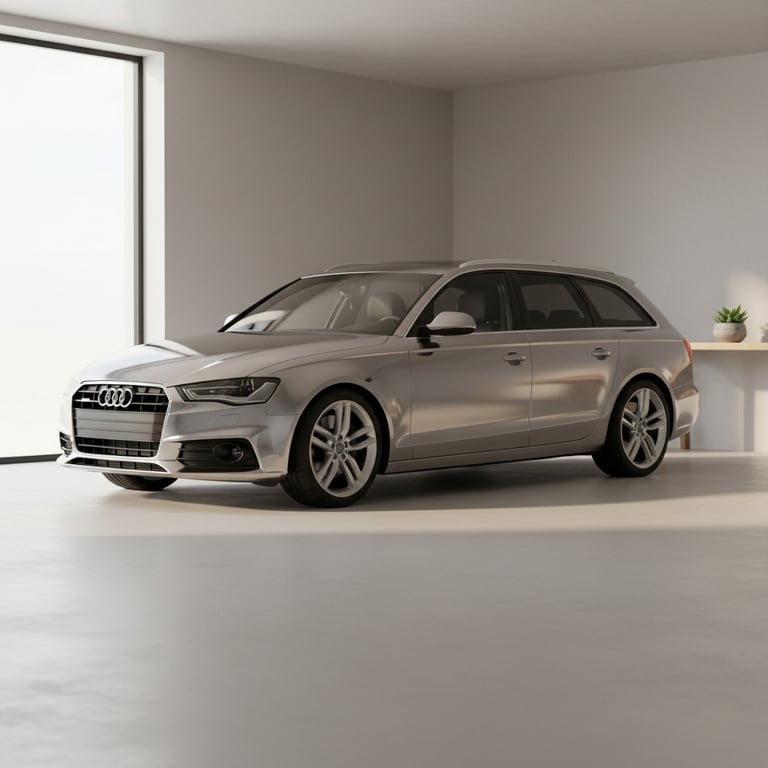 Sølvfarvet Audi stationcar parkeret i lyst, minimalistisk rum med stort vindue og lille bord med planter i baggrunden.
