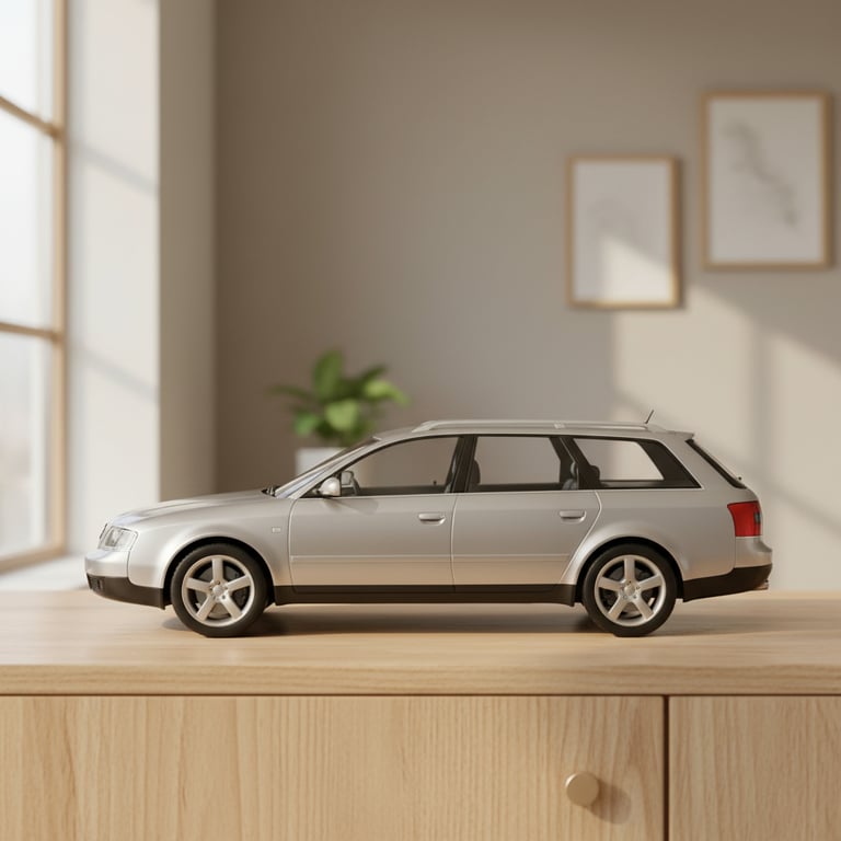 Modelbil af en sølvfarvet stationcar placeret på en trækommode i et lyst rum med stor vindue og grøn plante i baggrunden.