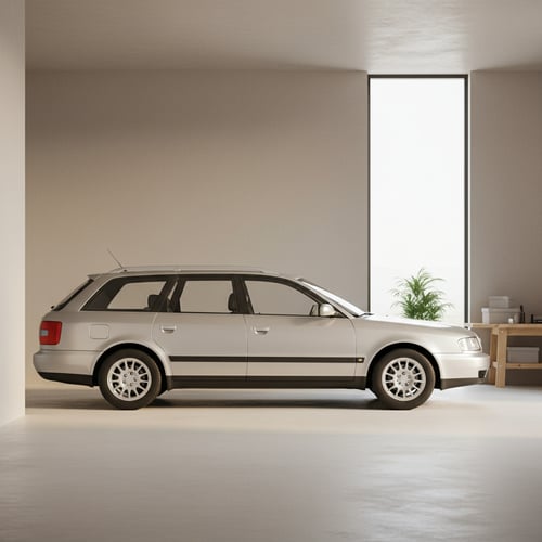 En sølvfarvet stationcar parkeret indendørs i et lyst og minimalistisk rum med en stor rektangulær rude, en grøn plante og et træbord med bøger. (1)