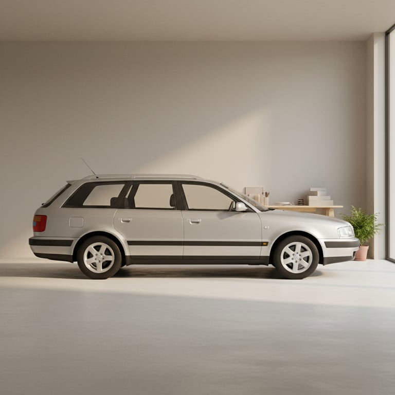 Sølvfarvet stationcar parkeret i lyst, minimalistisk rum med stor vinduesvæg og planter.