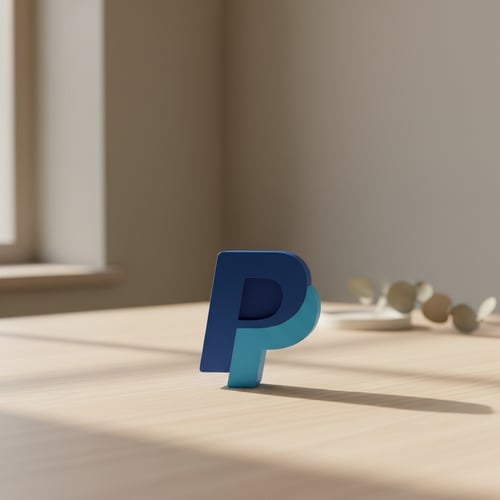 Paypal-logo i blå nuancer placeret på et lyst træbord med blødt dagslys fra et vindue i baggrunden. (1)
