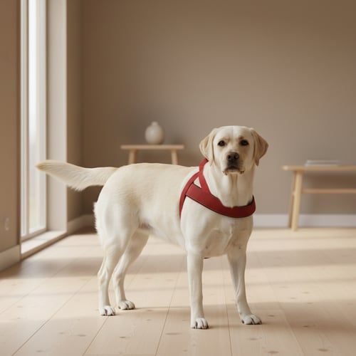 Billede af en lys gul labrador med rød sele, stående på lyst trægulv i et minimalistisk værelse med beige vægge og to små borde i baggrunden. (1)