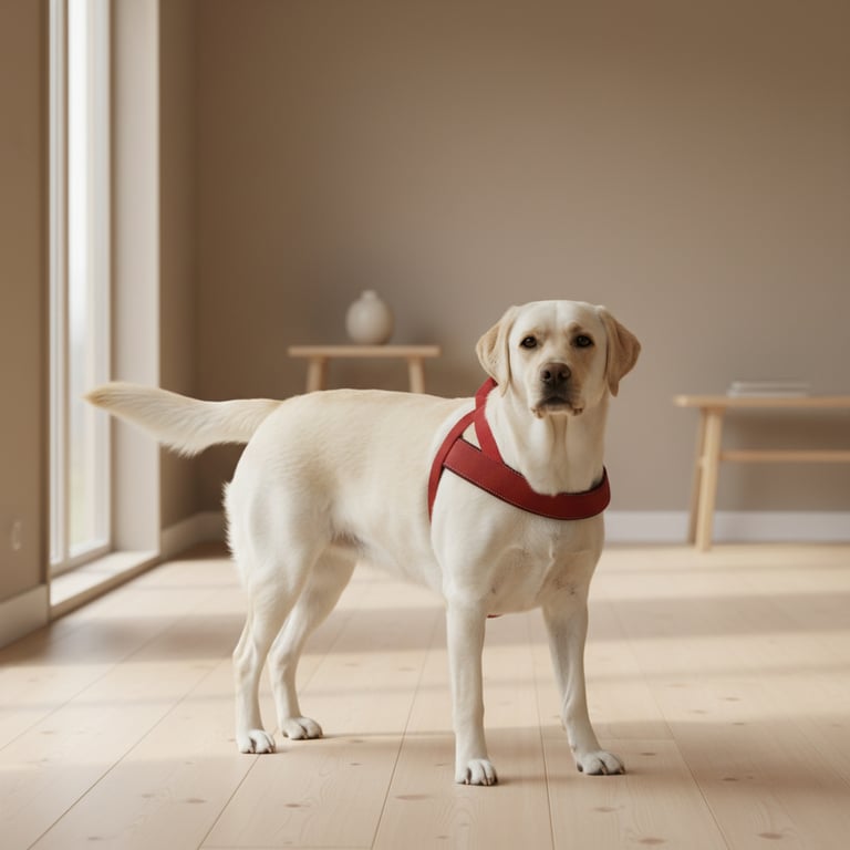Billede af en lys gul labrador med rød sele, stående på lyst trægulv i et minimalistisk værelse med beige vægge og to små borde i baggrunden.