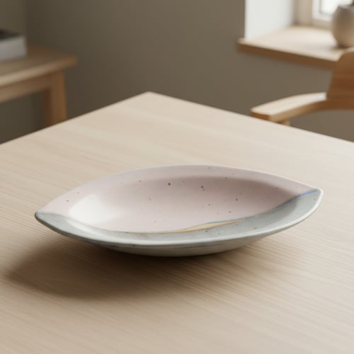 Oval keramisk tallerken med rosa og grå farver placeret på lyst træbord i et lyst rum.