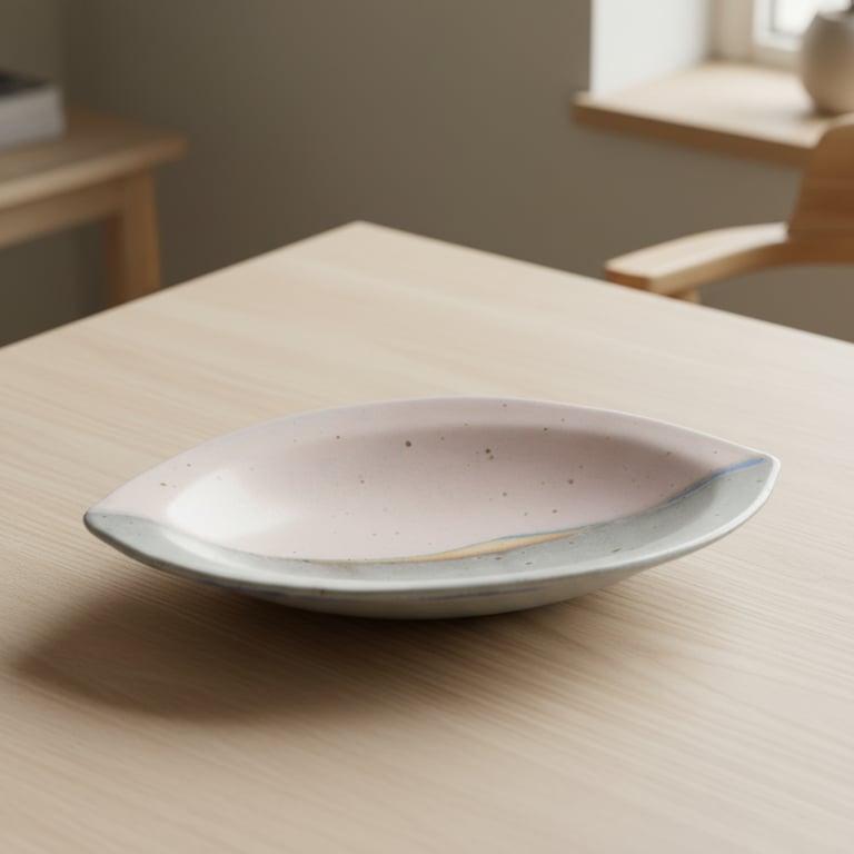 Oval keramisk tallerken med rosa og grå farver placeret på lyst træbord i et lyst rum.