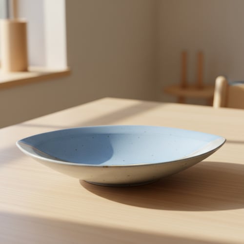 Lyseblå keramisk skål på lyst træbord med naturligt sollys.