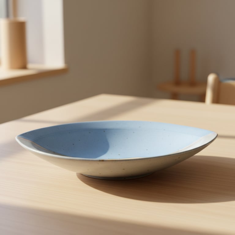 Lyseblå keramisk skål på lyst træbord med naturligt sollys.
