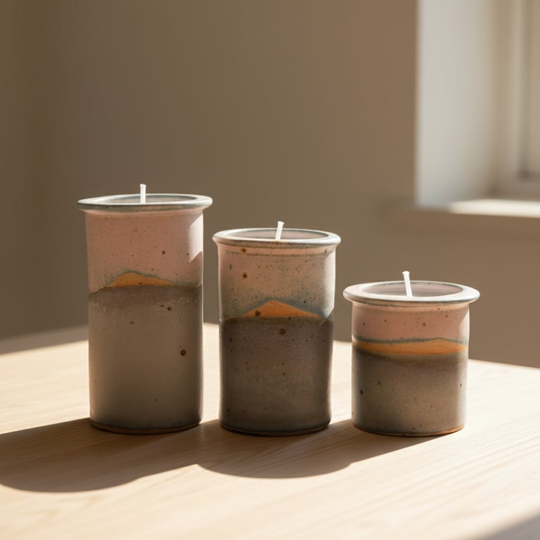 Tre dekorative stearinlys i keramiske holdere med varierende højde stående på et lyst træbord i blødt dagslys. (5)