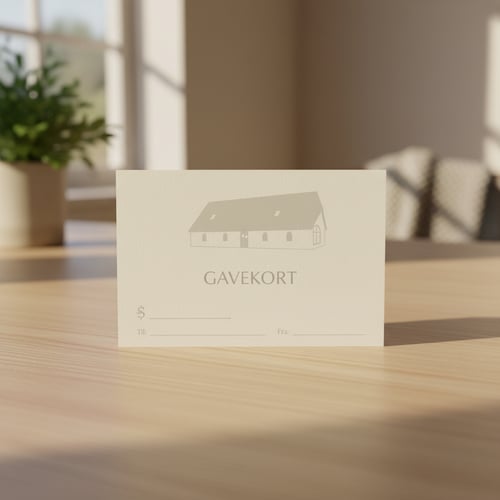 Gavekort med illustraton af et hus, placeret på et lyst træbord i et solbeskinnet rum.