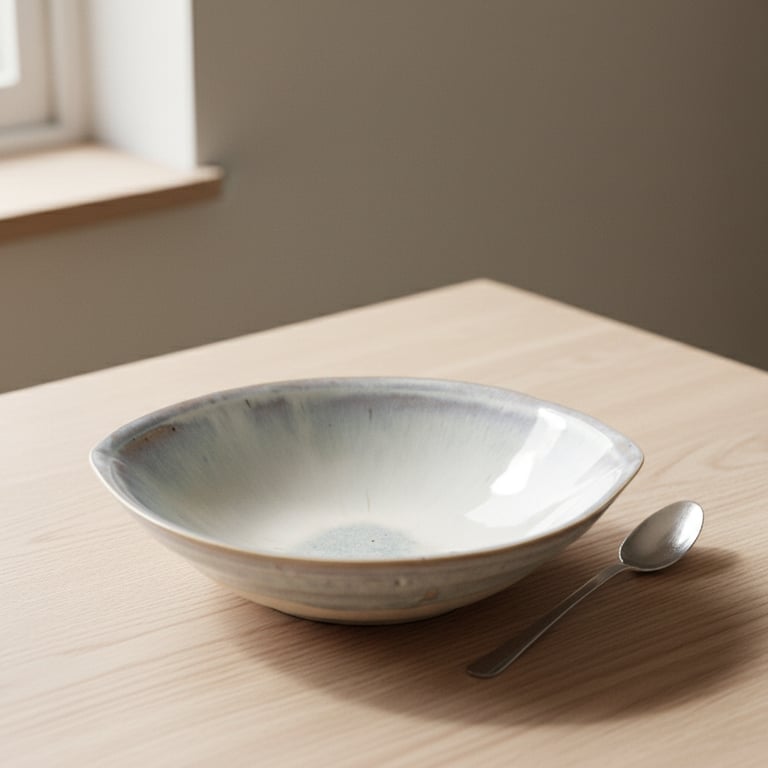 Tom, rund keramisk skål med gråblå glasur og metal ske på lyst træbord ved vindue. (5)