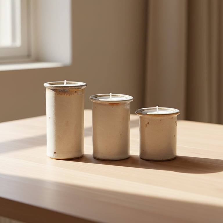 Tre beige keramiske stearinlys i forskellige størrelser placeret på et lyst træbord med sollys, der skaber bløde skygger. (6)