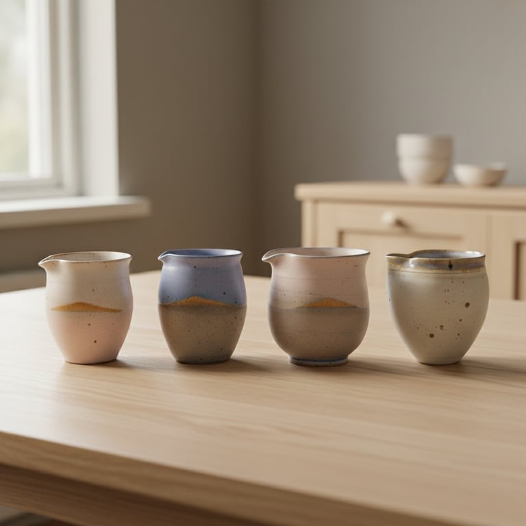 Fire keramikkrus i forskellige jordfarver og nuancer står på et lyst træbord i et enkelt, lyst rum med et skab og en vindueskarm i baggrunden. (4)