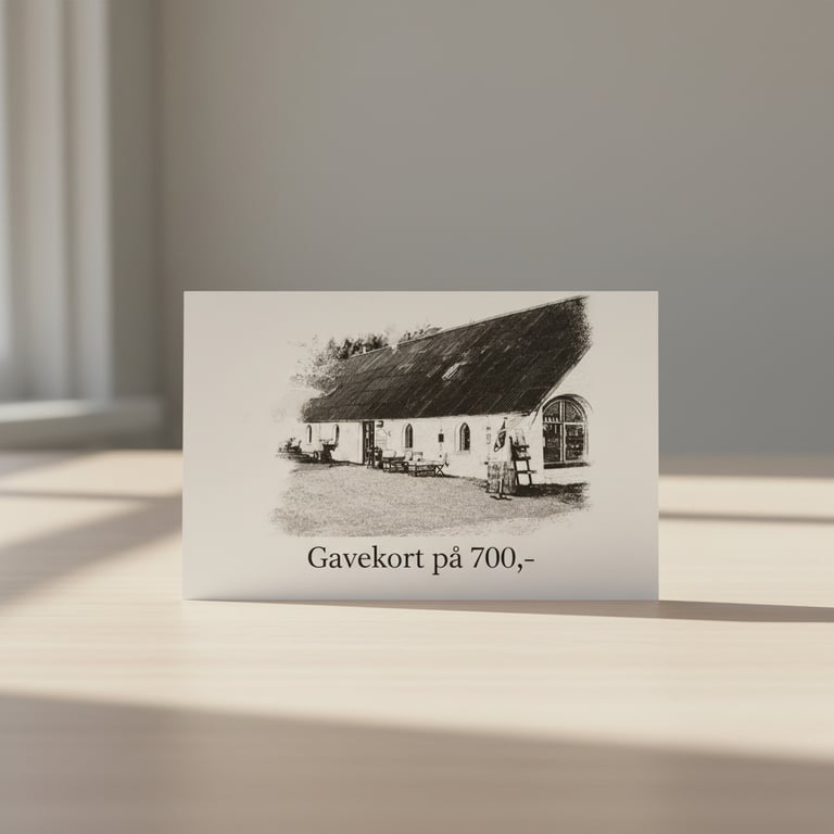 Gavekort med tegning af et gammelt hus med stråtag og teksten "Gavekort på 700,-" placeret på et lyst bord i sollys.