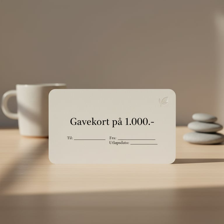 Gavekort på 1.000 kroner, placeret på lyst træbord med en krus i baggrunden og fire stablede sten til højre.