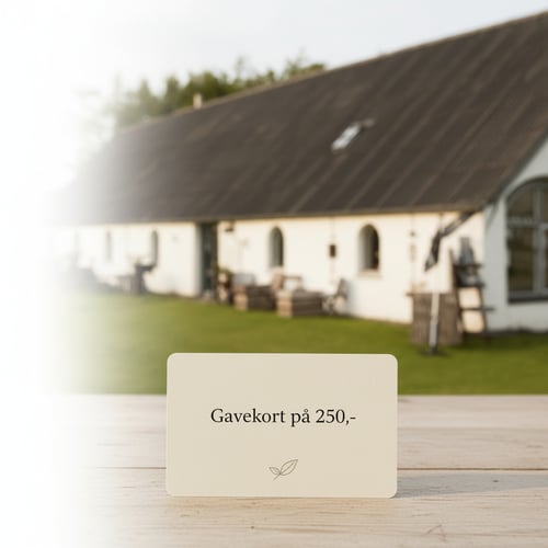 Gavekort med teksten "Gavekort på 250,-" stående på et træbord foran en hvid gårdbygning med sort tag i baggrunden.