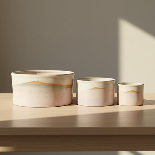 Tre keramikkrukker i forskellige størrelser med enkle, naturlige farver og mønstre står på et lyst træbord i blødt sollys.