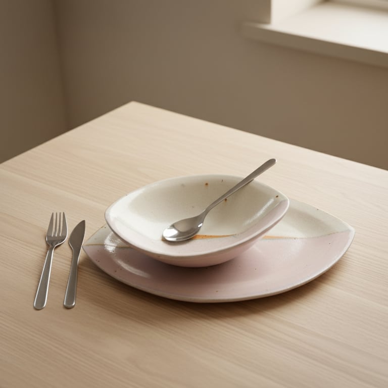 Tomt hvidt og lyserødt keramikfad og skål med ske på et lyst træbord ved siden af bestik, i blødt naturligt lys.