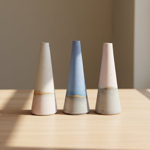 Tre keramikvaser i konisk form med mat finish, placeret på et lyst træbord i blødt dagslys. (6)
