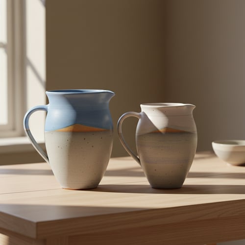 To kander i keramik med blå og beige glasur, placeret på et lyst træbord ved et vindue med sollys.