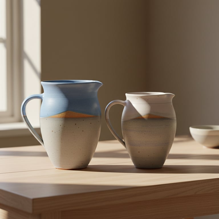 To kander i keramik med blå og beige glasur, placeret på et lyst træbord ved et vindue med sollys.