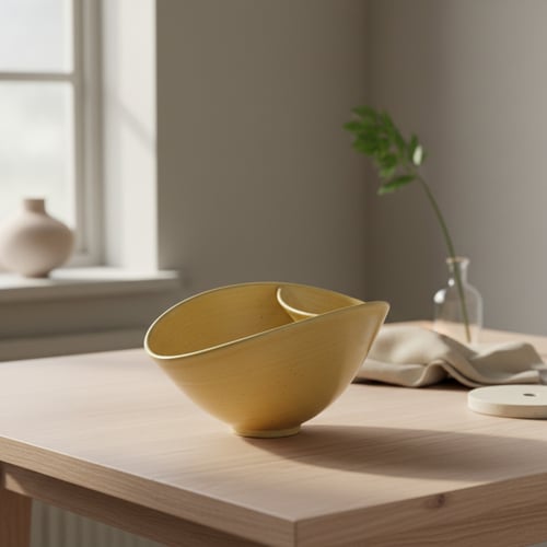 Gul keramisk skål med en unik, bølgende form placeret på et lyst træbord i et minimalistisk rum med en vindueskarm og en vase med en grøn plante i baggrunden.