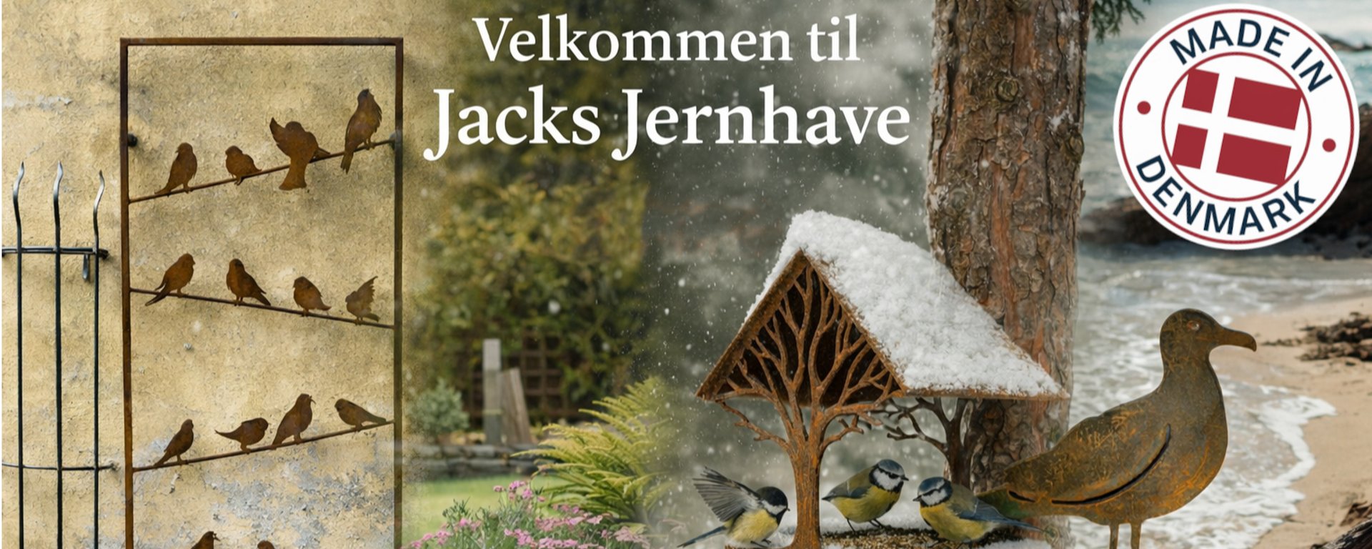Smukke blomsterstativer i forskellige rustikke designs til haven, herunder fugle, cylinder med hulmønster, kroneformet plantepotte og runde metalstativer med planter, præsenteret på græs, ved vand og på træbord. Made in Denmark logo øverst til høj