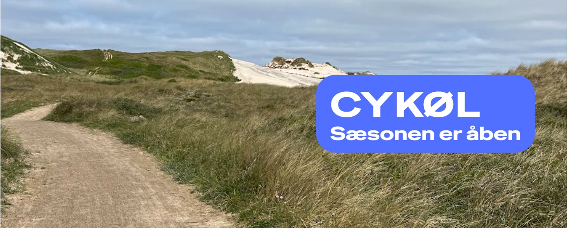 Sti gennem klitlandskab med græs og lyng, tekstboks med blå baggrund og hvid tekst "CYKØL Sæsonen er åben".
