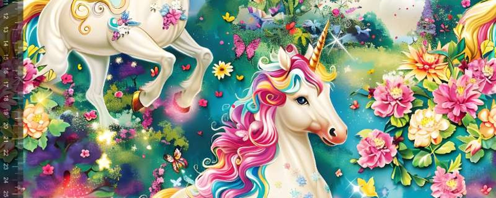 Mønstret stof med orange og pink valmueblomster samt blå og grønne blade på beige baggrund.