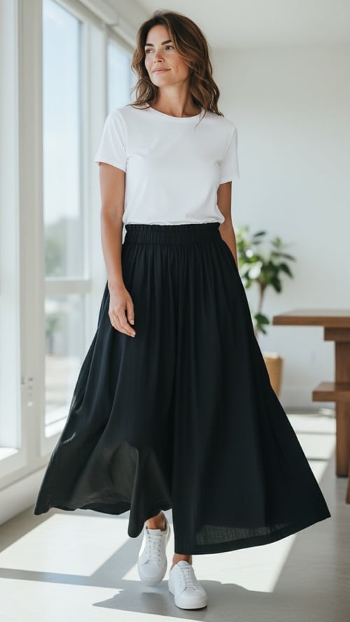 Kvinde iført hvid t-shirt, lang sort nederdel og hvide sneakers, stående i lyst rum med store vinduer. (1)