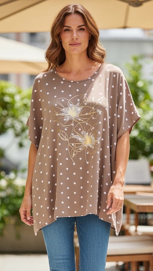 Kvinde iført beige bluse med hvide prikker og blomsterprint, står udendørs ved et cafébord. (1)