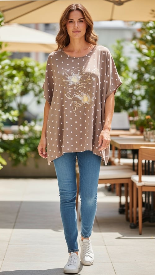 Agnes Oversize blouse. Cappuccino w dots. Onesize 38-50. (2)