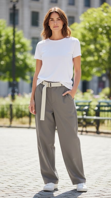 Kvinde med brunt hår iført hvid t-shirt, grå bukser med hvidt bælte og hvide sneakers, stående udendørs i en bypark.