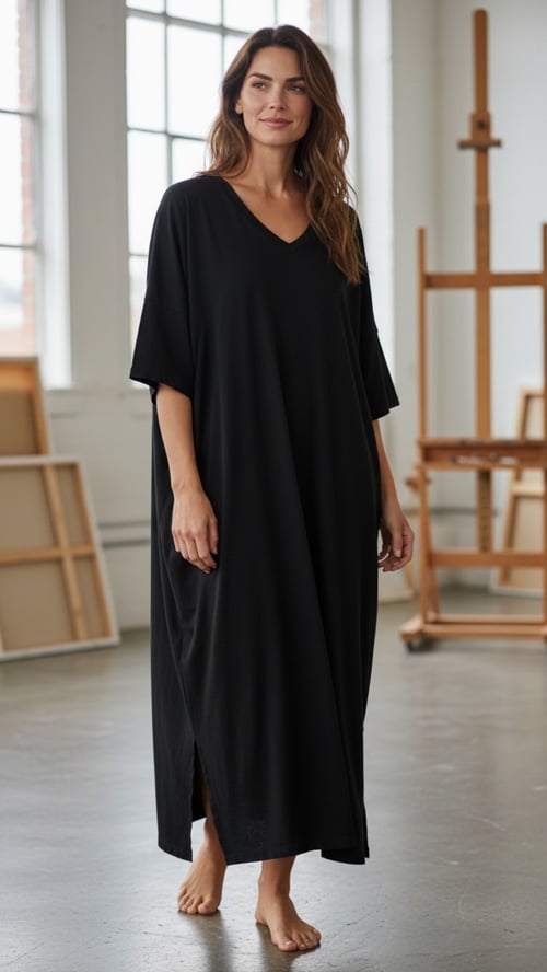 Kvinde iført en løs, lang sort kjole med V-hals, stående barfodet i et lyst atelier med kunstnerrammer og staffeli i baggrunden. (1)