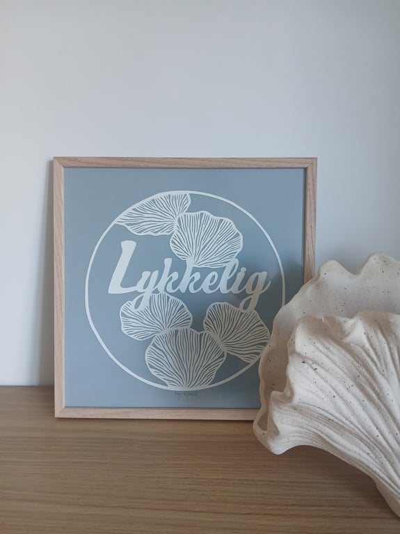 30x30cm, lykkelig, dueblå, indrammet 