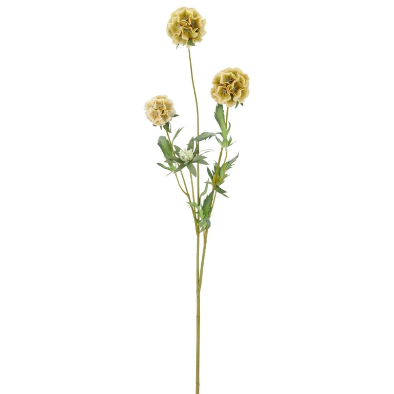 Kunstig blomst med tre gule, kugleformede blomster og grønne blade på lange stilke.