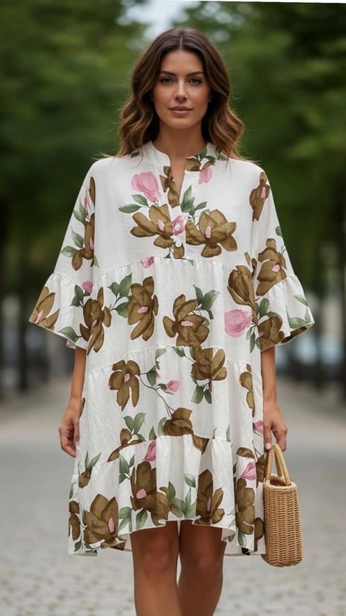 Ellen viscose dress, Creme w brown/rose flowers. Onesize 36-46 (2)