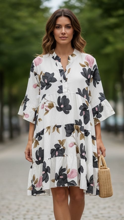 Ellen viscose dress, Creme w black/rose flowers. Onesize 36-46 (2)