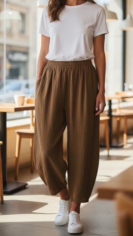 Kvinde iført hvid T-shirt, brune løstsiddende bukser med elastik i taljen og hvide sneakers i en lyst cafémiljø.
