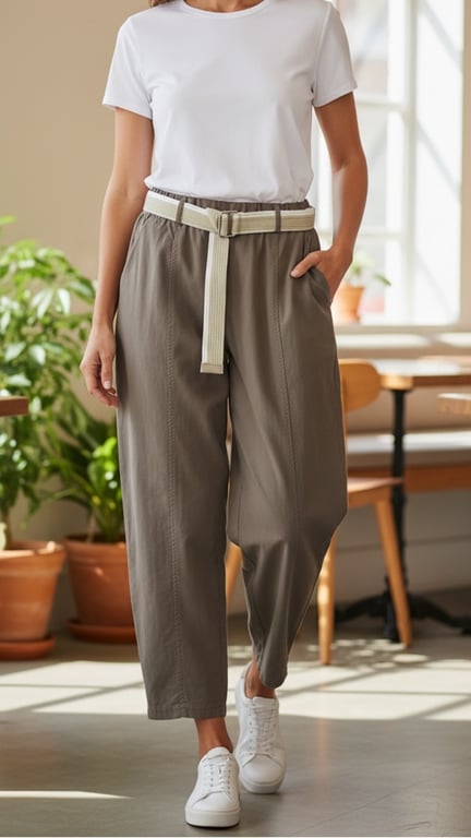 Kvinde iført hvid t-shirt, løstsiddende grå bukser med bælte og hvide sneakers, gående indendørs med planter og møbler i baggrunden.