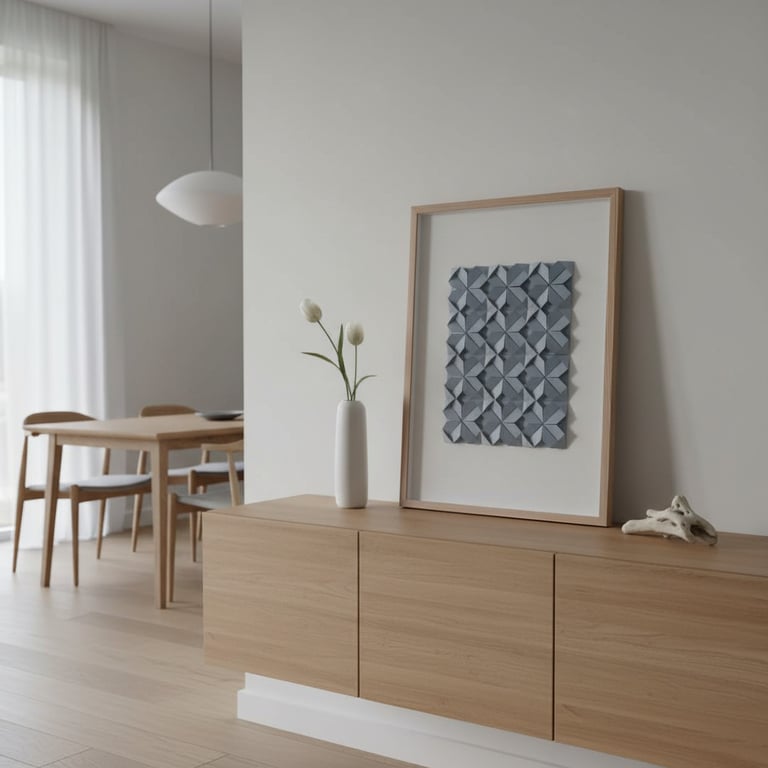 Minimalistisk stue med lyst træskab, en vase med hvide blomster, en indrammet abstrakt 3D-kunst på væggen og et spisestuemiljø i baggrunden.