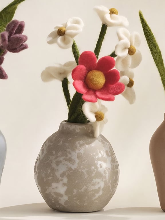En rund gråblomstret vase med filtblomster i lyserød, hvid og grøn.